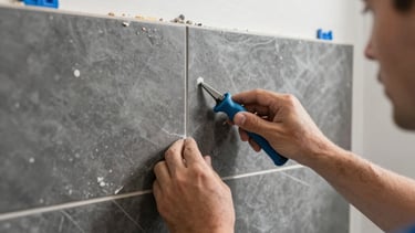 A dynamic, professional shot of a modern bathroom renovation in progress in North American / US - Los Angeles, California. A contractor's hand is expertly placing a dark gray tile against a clean white wall. Tools and construction blue accents are visible. High-contrast, sharp lighting, emphasizing high-quality craftsmanship and powerful upgrade.