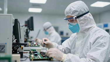 Technician in ESD protective gear inspecting a circuit board under clean bright warehouse daylight, focusing on ports and serial plates.