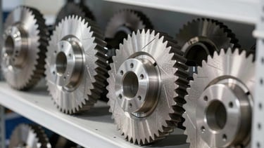 Close-up of pristine metal gears and brake discs organized on high industrial steel shelving, bright cool daylight, sharp metallic details, high-contrast commercial product style, 50mm lens