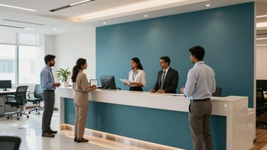 A high-quality professional photograph of a modern office reception in Raipur, Chhattisgarh. The space is bright and airy with South Asian / Indian staff members engaging politely with clients. The interior design features polished floors and wall accents in dark teal and light blue, creating a trustworthy and reliable corporate atmosphere.