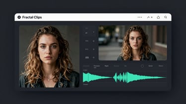 A clean dark UI mockup of the Fractal Clips platform interface, showcasing an uploaded portrait on the left and a video timeline on the right with audio waves.