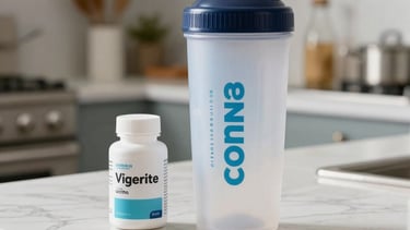 A professional and clean lifestyle photograph of a high-quality protein shaker and a bottle of vitamins on a white marble countertop in a bright North American kitchen. The lighting is soft and natural, emphasizing a sense of well-being and health. Colors include white, light blue, and subtle dark navy accents.