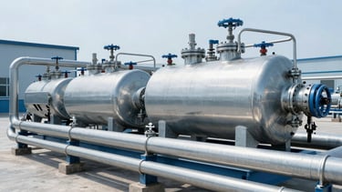 Heavy industrial RO skids with stainless steel piping and pressure vessels in a clean factory environment, cool blue tones, sharp focus.