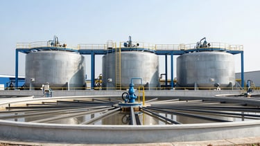 An operational wastewater sewage treatment plant with active aeration tanks, outdoor daylight, industrial engineering framing.