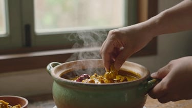 A serene video frame of hands gently stirring a steaming clay pot of spiced seasonal curry, soft cinematic window light, rustic kitchen setting