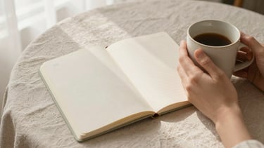 Top-down flat-lay of a printed prayer journal on a linen tablecloth, hands holding a warm ceramic mug, soft morning window light, muted sand and sage tones, 35mm