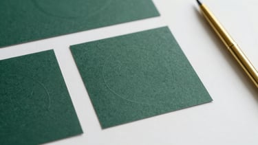 Close-up, top-down flat lay of custom-designed, embossed print materials and a gold pen on a white desk, soft natural daylight, subtle shadows, clean minimalist composition, 35mm.
