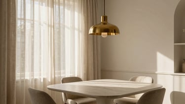 Elegant dining room bathed in morning light, minimalist linen curtains, white oak table, brass pendant light, refined luxury.
