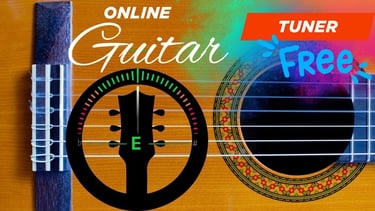 A digital interface for a free online guitar tuner showing the note E over an acoustic guitar body.