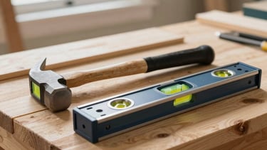 A close-up photograph of high-quality carpentry tools, including a level and a hammer, resting on a sturdy wooden workbench inside a North American / US home undergoing a remodel. In the background, soft morning light filters through a newly installed window, highlighting the clean and professional job site. The color palette includes warm cream, taupe, and slate blue tones.