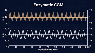 Wide overhead technical diagram on a deep navy background showing two parallel glucose time-series traces — one labeled enzymatic CGM with a visible 10-minute lag offset shaded in a muted amber zone, one labeled optical direct measurement tracking a reference line precisely — clinical chart aesthetics, no patient imagery, white axis labels, stark high-contrast presentation