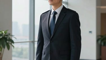 A sharp, professional security operative in a dark slate suit and earpiece standing alert in a clean, modern North American high-rise lobby. The composition features deep shadows and highlights of navy blue and charcoal gray. Minimalist aesthetic, high-quality corporate photography, natural window lighting.
