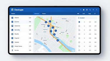 A straight-on digital mockup showing multi-branch inventory levels side-by-side on a clean map-based dashboard, bright daylight studio lighting, sharp focus.