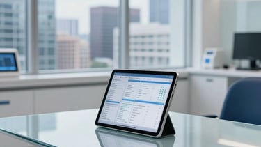 A high-tech North American medical consultation room. A sleek glass table holds a slim silver tablet displaying clinical data. In the background, large windows overlook a modern US cityscape. The aesthetic is clean and professional, featuring a palette of white, deep blue, and light blue. Soft, diffused professional lighting.