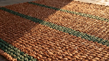 Tight tactile close-up of water-repellent woven patio rug fibers, rich earthy terracotta and forest green threads, warm golden-hour side lighting highlighting the heavy durable weave
