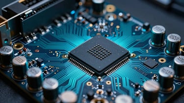 Extreme macro close-up of a high-end GPU circuit board, electric cyan and blue neon backlight illuminating copper traces and capacitors, dramatic side lighting in a dark lab environment, razor-sharp detail on chip architecture