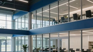 Modern architectural interior of a high-tech sports management hub, featuring clean glass surfaces and steel blue accents, professional atmosphere, Hispanoamericano / Global context, soft cinematic lighting, palette includes navy and pale blue.