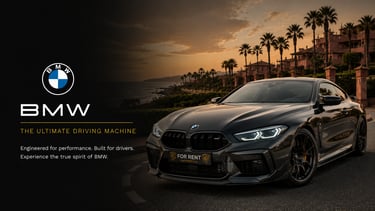 Luxury BMW rental car parked on a scenic coastal road at sunset with palm trees.
