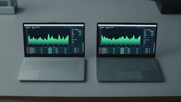 Wide overhead shot of a test bench: two Android devices side by side displaying performance metric dashboards with green uptime graphs and frame-rate counters, neutral gray surface, even lab lighting, no people