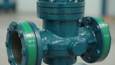 Extreme close-up of a high-durability industrial valve or pipe fitting, showing precise machining and robust construction. Cool-toned industrial lighting, sharp focus, subtle reflections of safety green.
