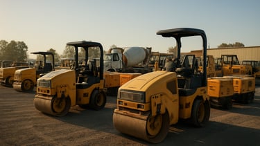 Wide shot of an organized equipment yard: compactors, generators and a concrete mixer parked in rows on packed gravel, morning light, no crew — machinery condition and fleet scale visible