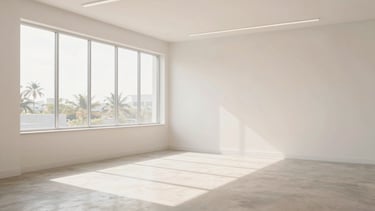Bright, airy modern office space in Florida with soft natural light streaming through large windows, desaturated pastel tones, generous negative space