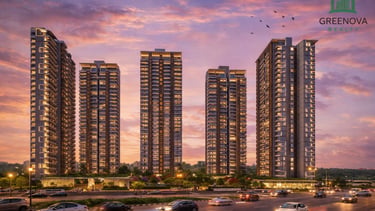 Modern luxury high-rise apartment towers at sunset with city traffic and a purple sky.