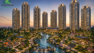 Luxury high-rise residential apartments at sunset with a landscaped park and scenic water feature.