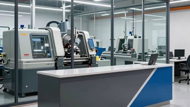 A crisp, professional photograph of a modern industrial reception area in a South American / Brazilian factory. The space features clean lines, steel blue and charcoal grey furniture, with a view through a glass wall into a brightly lit, high-tech machining workshop with precision lathes. Soft natural lighting, corporate and reliable atmosphere.
