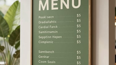 A lifestyle shot of a modern menu board with clean typography, hanging in a bright, plant-filled South African interior. Minimalistic aesthetic with medium olive green accents.