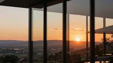 A cinematic shot of a sunset over the South African horizon, seen through the glass walls of a modern lodge. Focus on natural beauty and sophisticated design.