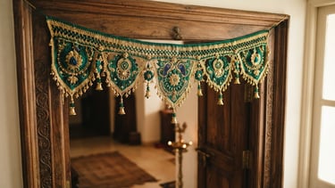 Warm editorial product photography of a luxury handmade crochet toran hanging on an elegant teakwood door, soft natural side-lighting, shallow depth of field, 85mm