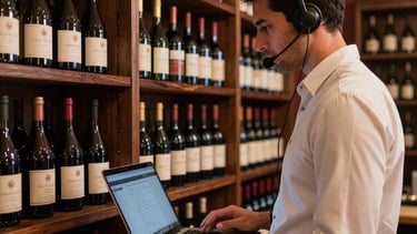 A professional and warm South American hospitality scene showing a premium wine cellar with dark brown wood shelves. An attendant is providing tele-attendance service with a laptop and headset, conveying efficiency and expertise. Soft warm lighting highlights deep red and beige tones in the room.