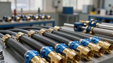 A high-end industrial workshop in Jerusalem, featuring a clean display of heavy-duty hydraulic hoses with polished gold and steel blue metal connectors. The setting is professional with soft, natural lighting filtering through large windows. Precise engineering tools are visible in the background, conveying a sense of reliability and technical expertise.