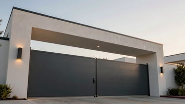 Low-angle heroic wide shot of a modern, secure estate gate operating smoothly in Los Angeles, clean architectural lines, warm golden hour light