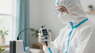 Professional photography in Orlando, Florida. A certified environmental technician in a white protective suit uses a high-tech air quality sensor inside a clean, modern home. The lighting is bright and airy, emphasizing purity and safety. Color accents of soft blue and light green are visible in the background decor.