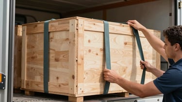 A close-up of professional logistics hands securing heavy-duty wooden crates with tension straps inside a cargo truck, bright daytime lighting
