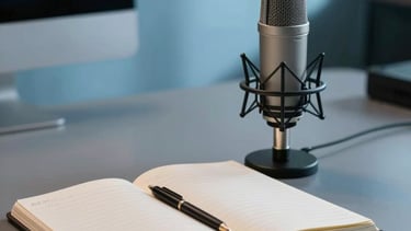 Atmospheric shot of a creative studio space with soft steel blue shadows, focused on an open notebook next to a high-end microphone, North American / US style.