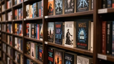 Atmospheric wide shot of a North American / US bookstore aisle featuring gothic fiction, with dark wood shelves and warm, dim spotlighting on the book spines.