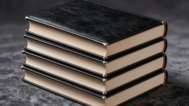 An evocative photograph of a stack of books bound in black leather with silver edges, resting on a charcoal gray velvet surface under dramatic spotlighting.