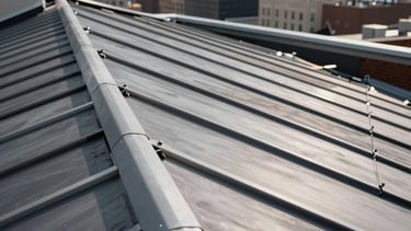 A low-angle, architectural photograph of a premium roofing installation on a Manhattan high-rise. The image focuses on durable, steel-gray roofing materials and clean structural lines against a North American / NYC skyline background, using a charcoal and white color palette for a professional, high-trust feel.