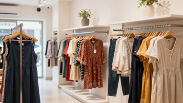 A vibrant modern clothing boutique in Mumbai, bright natural lighting, clean retail interior, sharp focus, 35mm.