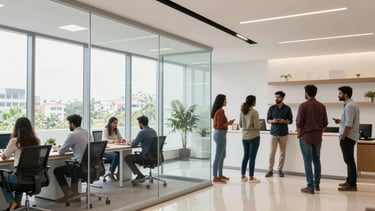 A clean modern office space in Bangalore, with an Indian team collaborating near a glass wall, bright daylight, 35mm.