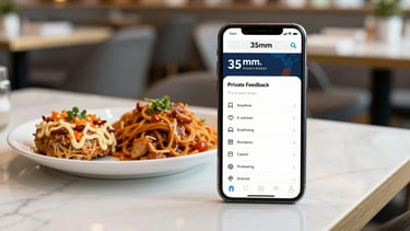 A smartphone displaying a private feedback form next to a plate of food in a modern Delhi restaurant, natural daylight, 35mm.