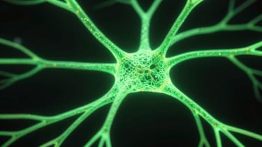 Extreme close-up of neural pathways lighting up with neon green energy during physical exertion, high contrast, moody scientific aesthetic, 35mm lens, dark background.