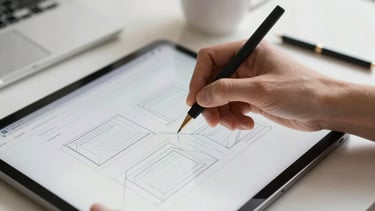 A tight macro shot of a designer's hands sketching a website wireframe on a tablet. The screen glows softly, showing clean geometric layout lines. The background is a bright, sunlit studio desk with a coffee mug, soft focus.