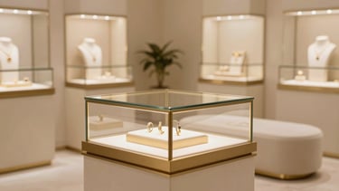 Elegant luxury jewelry showroom interior in Mumbai, warm diffused lighting, champagne gold accents on minimalist display cases, soft cream seating, 85mm macro photography
