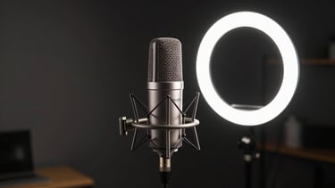 Sleek broadcast gear including a professional studio microphone and a soft glowing ring light in a dark room, 16:9 aspect ratio