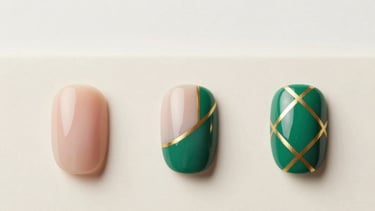 Wide cinematic flat-lay on a cream surface showing three sequential stages of a nail-art design in progress — from a plain nail tip on the left, to a partially painted design in the centre, to a fully finished emerald-and-gold geometric pattern on the right, bright soft studio light, clean white negative space at top