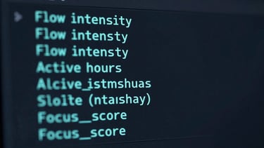A dark terminal window showing a clean JSON API response with metrics like flow_intensity, active_hours, and focus_score in electric cyan monospace font, deep obsidian background, sharp UI
